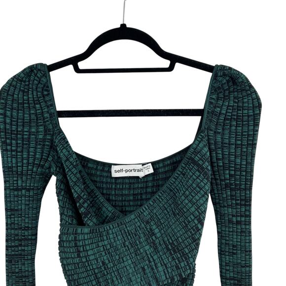 Self‎ Portrait Crossover Ribbed Knit Crop Top Long Sleeve Green Black Size Small - Picture 4 of 12